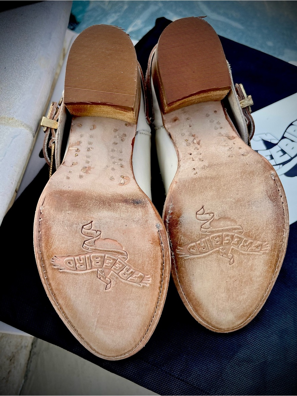 NWT Freebird Cream & Tan Leather Buckle Ankle Booties with Gold-Tone Hardware - Picture 5 of 7